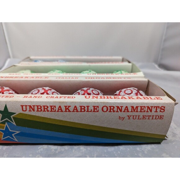 Vintage Unbreakable Italian Stencil Ornaments w/Boxes Lot Of 10 Red Blue Green - Picture 6 of 10